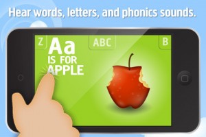 child's finger pointing to the letter A on apple itouch